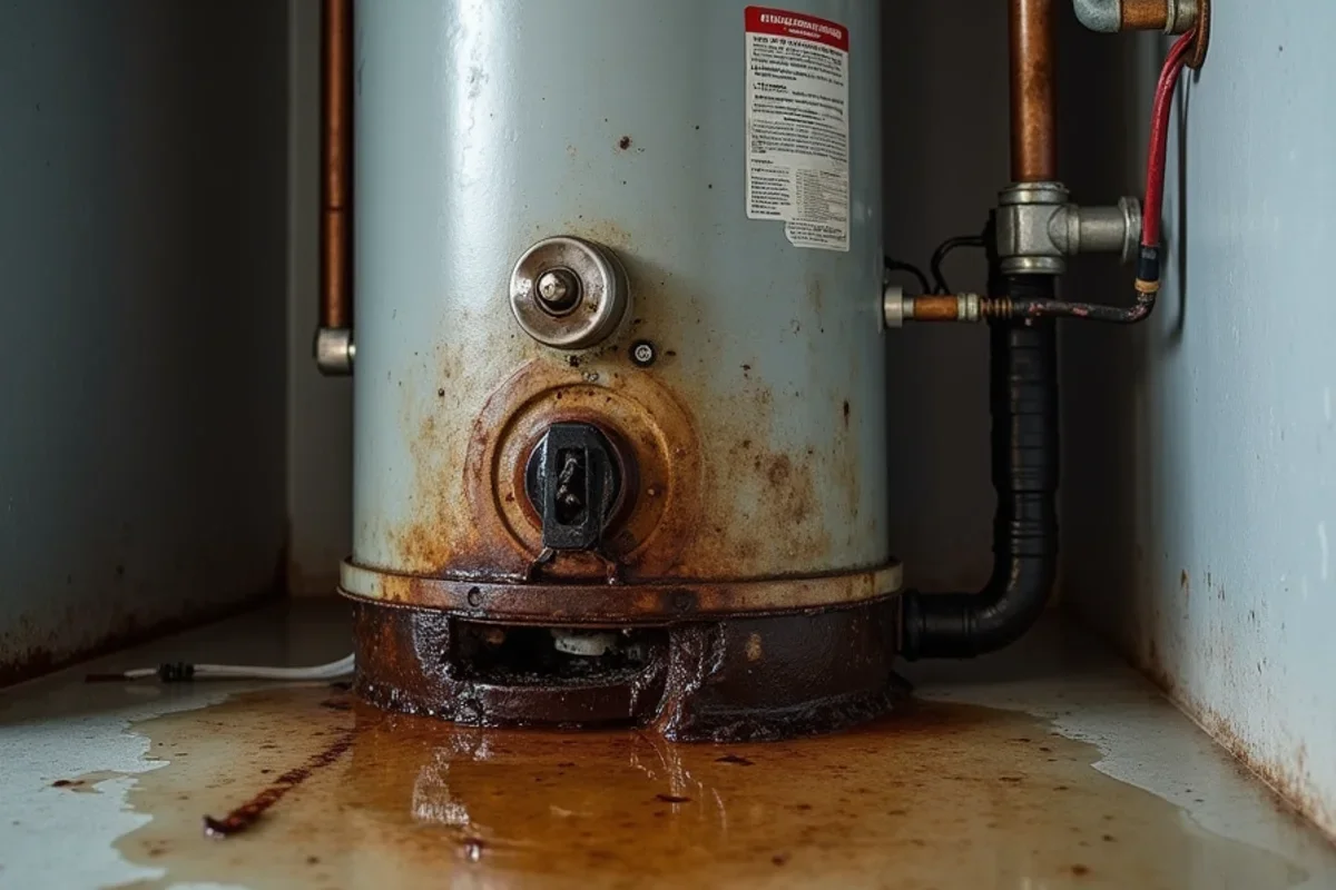Water pooled on utility closet floor from corroded leaking water heater tank