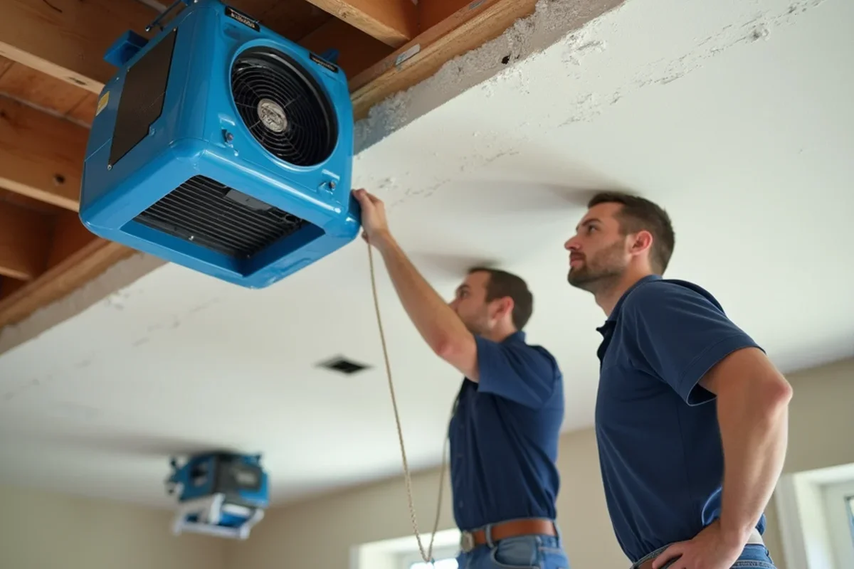 Air movers drying drywall ceiling below attic air handler leak