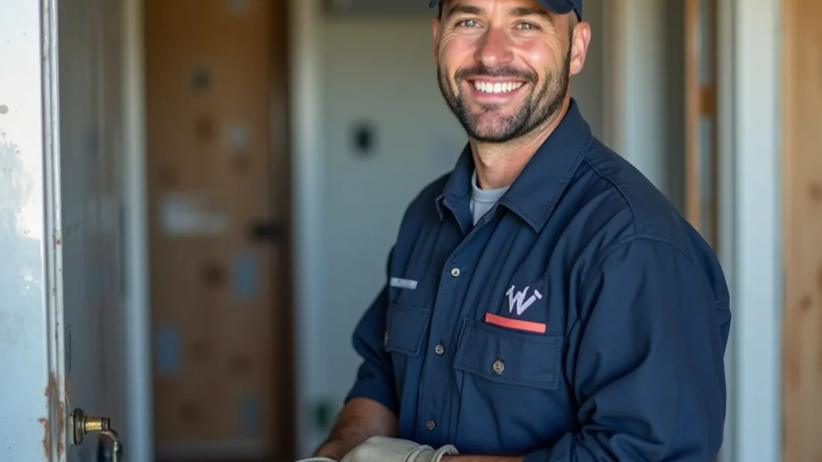 Technician inspecting water damage beneath an attic air handler and ruptured water heater in Orlando