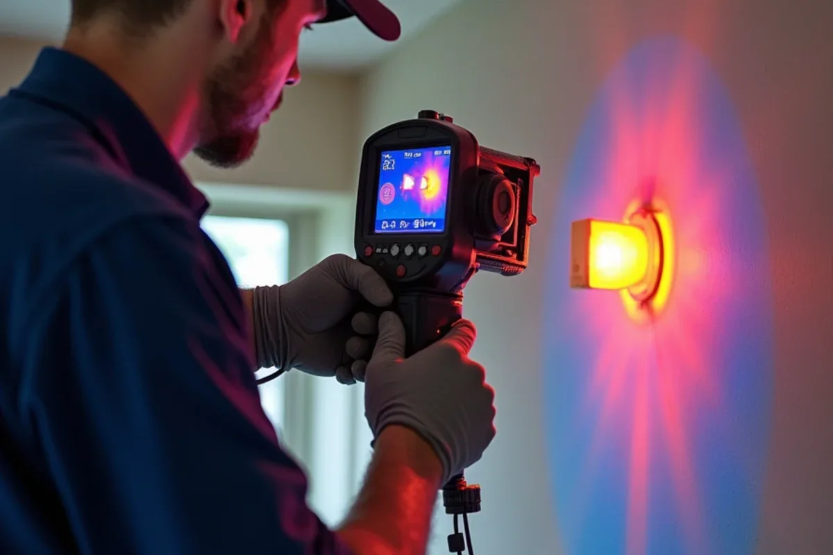 Thermal camera scan detecting hidden moisture and water spread during ac drain line leak ceiling