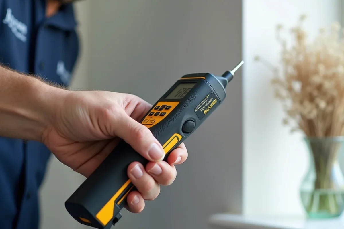 Digital moisture meter measuring baseboard moisture content for ac drain line leak ceiling prevention