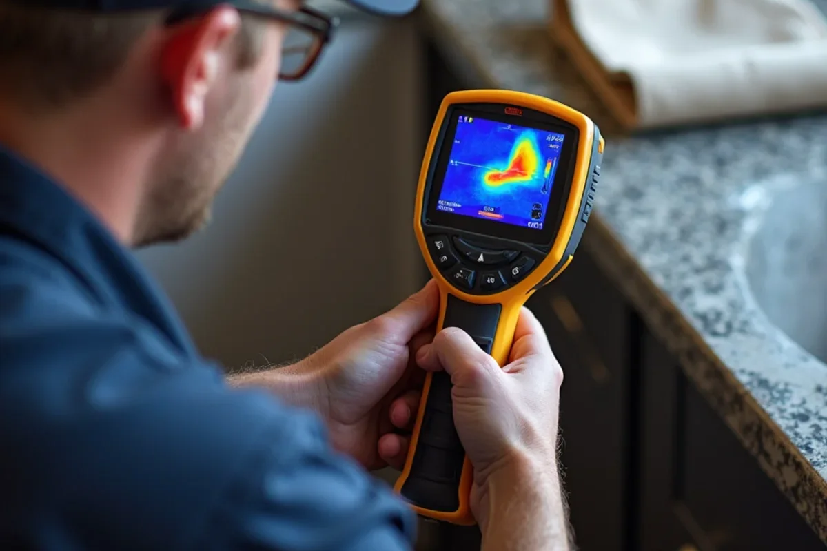 Thermal camera scan detecting hidden moisture and water spread during burst pipe what to do