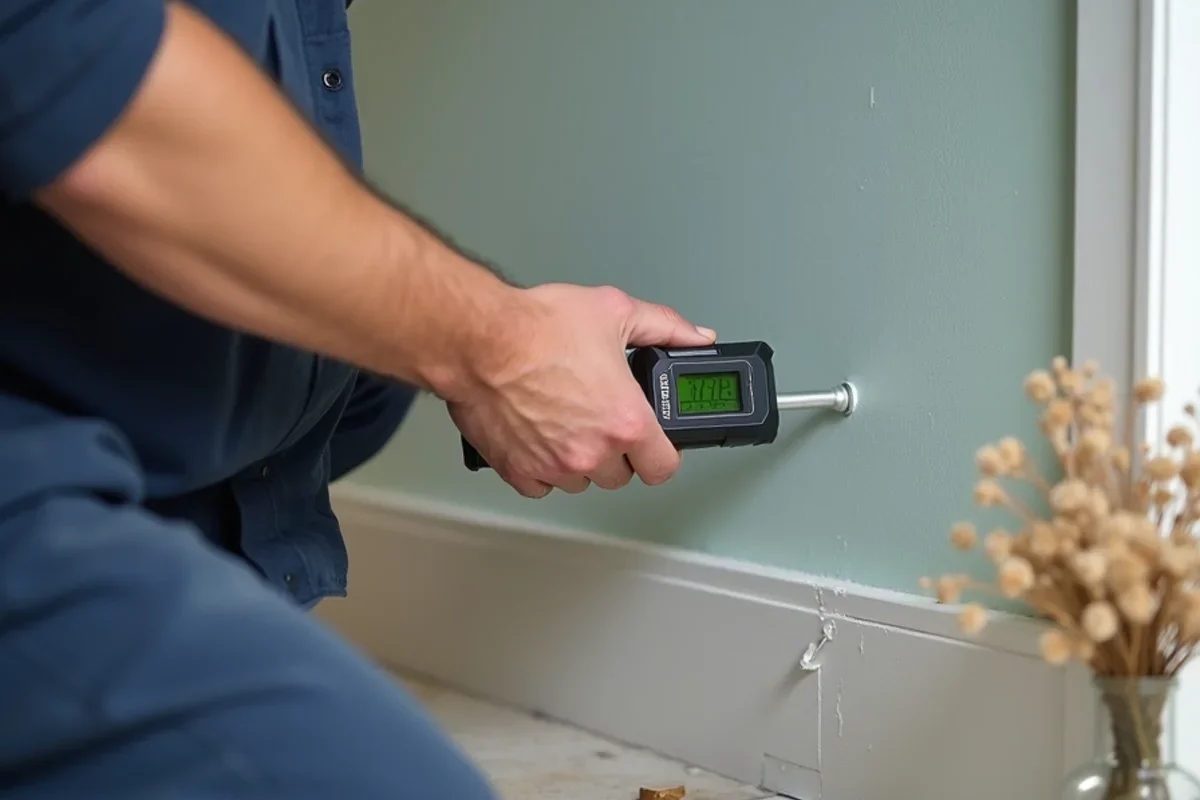 Digital moisture meter measuring baseboard moisture content for commercial water damage restoration prevention