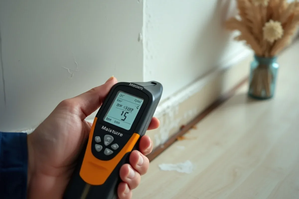 Digital moisture meter measuring baseboard moisture content for condo water leak from above who pays florida prevention