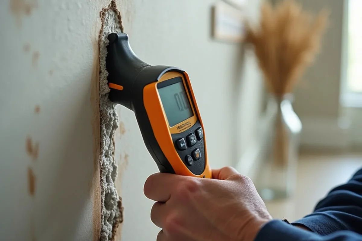 Digital moisture meter measuring baseboard moisture content for flood insurance vs homeowners florida prevention