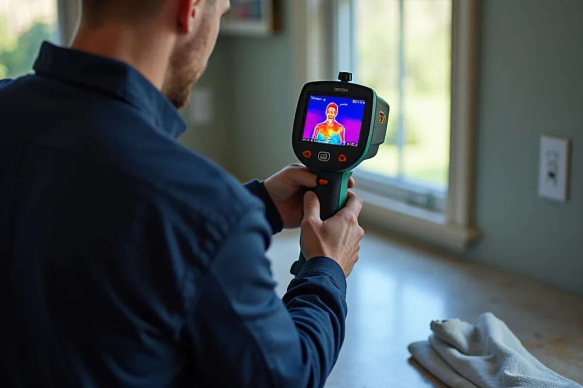 Thermal camera scan detecting hidden moisture and water spread during lakefront home water damage
