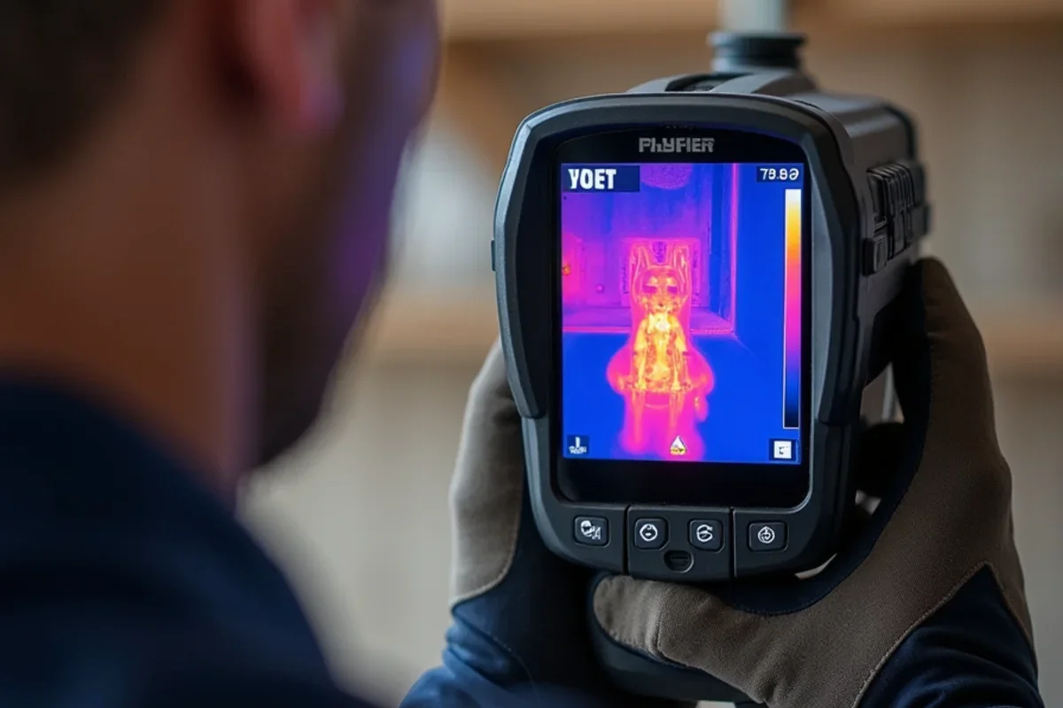 Thermal camera scan detecting hidden moisture and water spread during mold after water leak