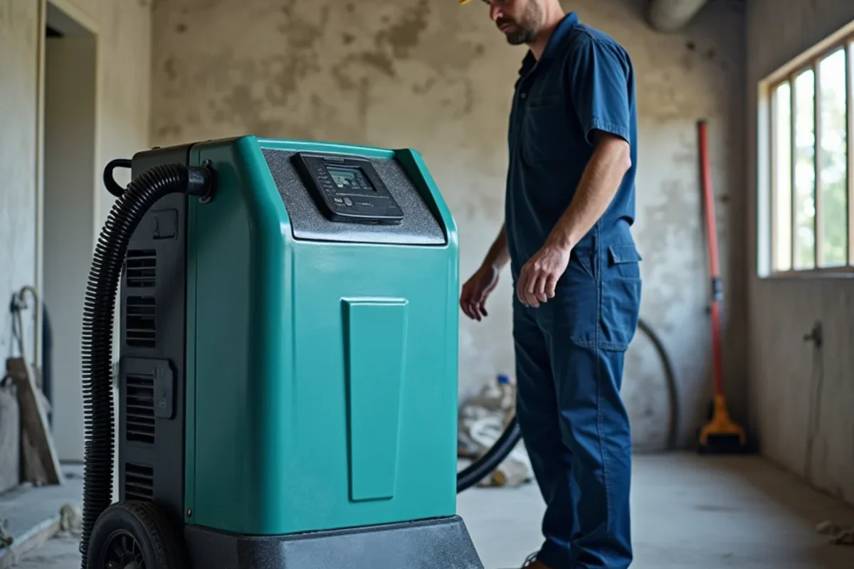 Commercial low grain refrigerant dehumidifier running to manage mold after water leak