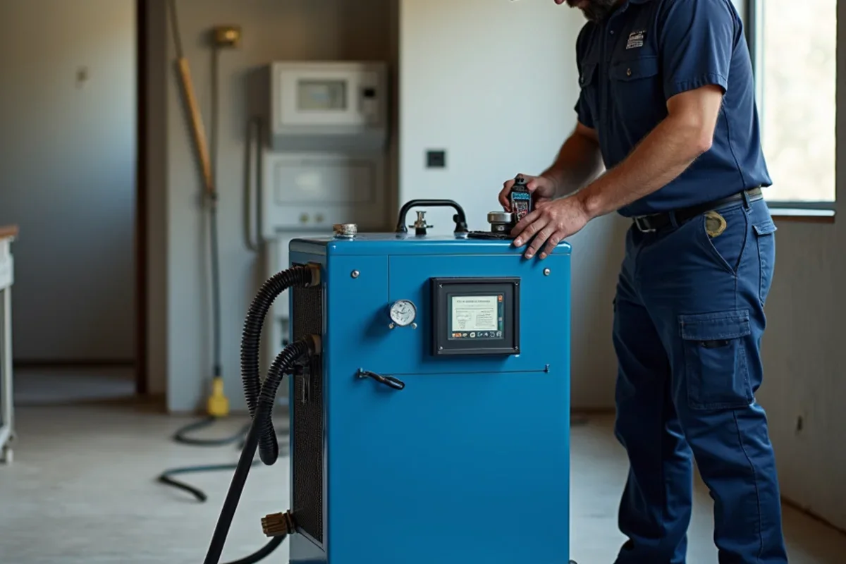 Commercial low grain refrigerant dehumidifier running to manage orlando rainy season water damage