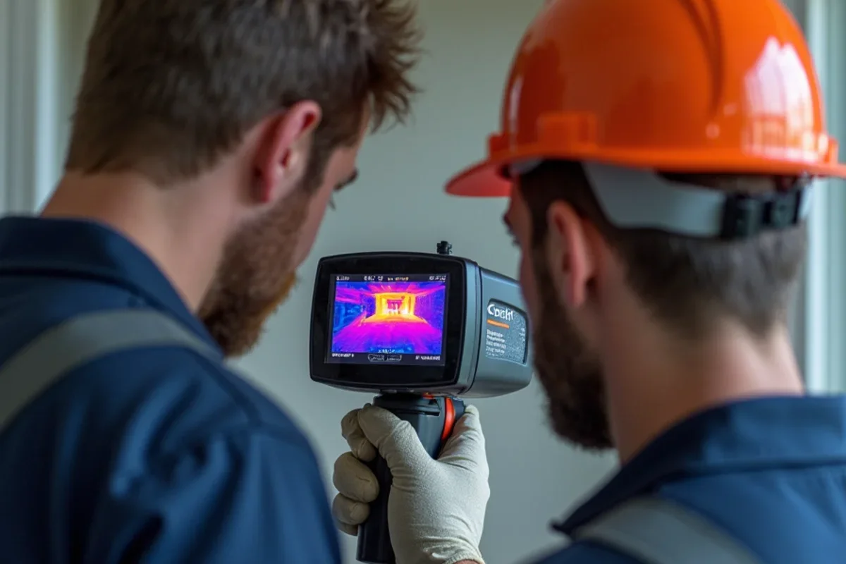 Thermal camera scan detecting hidden moisture and water spread during hurricane preparation checklist home