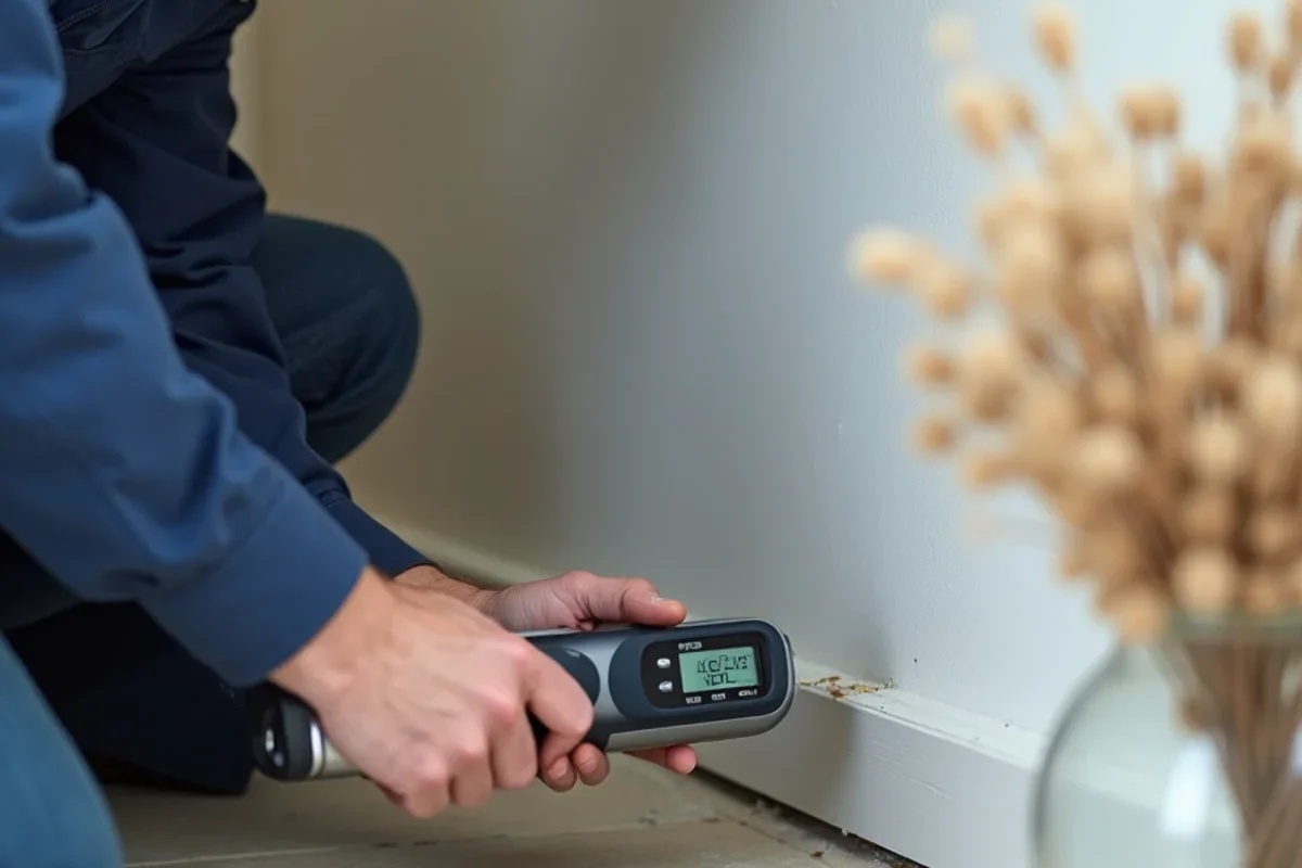 Digital moisture meter measuring baseboard moisture content for hurricane preparation checklist home prevention