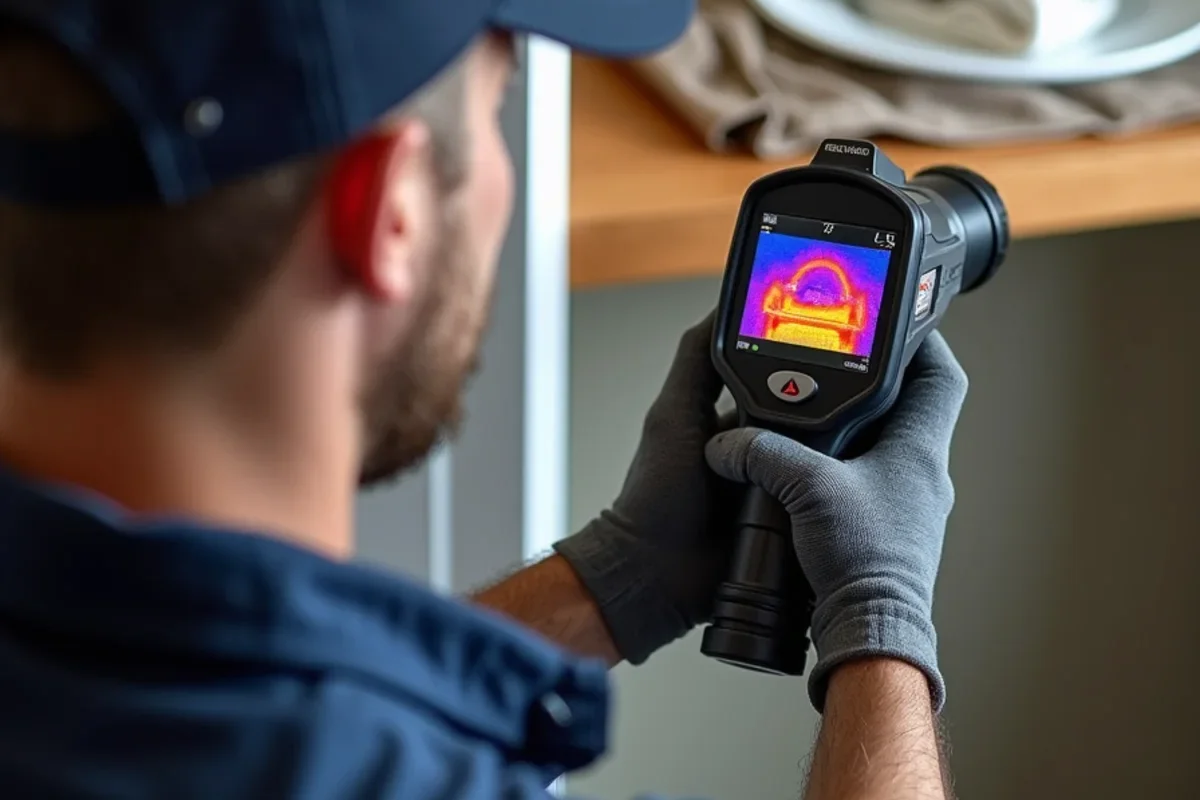 Thermal camera scan detecting hidden moisture and water spread during sewage backup in house