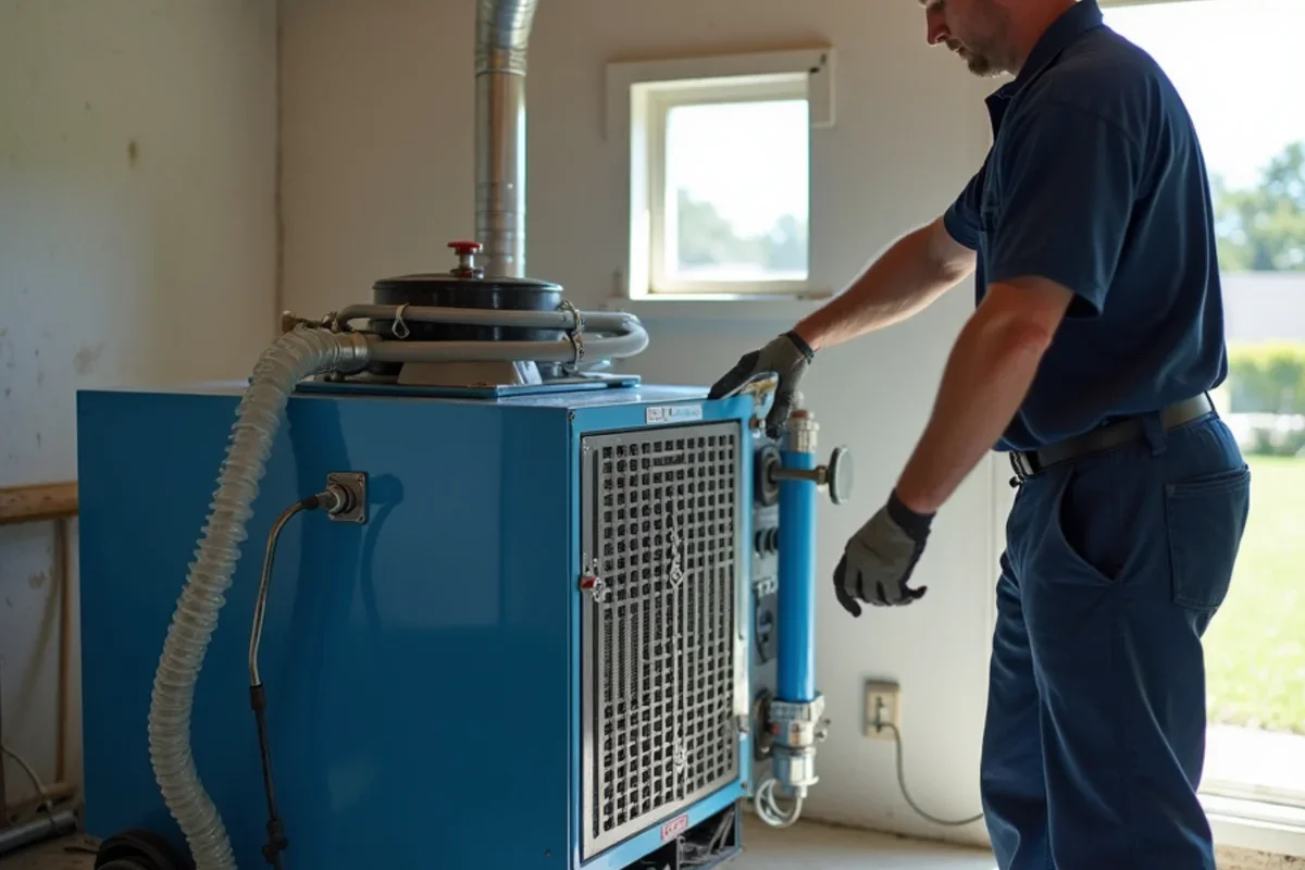 Commercial low grain refrigerant dehumidifier running to manage sewage backup in house