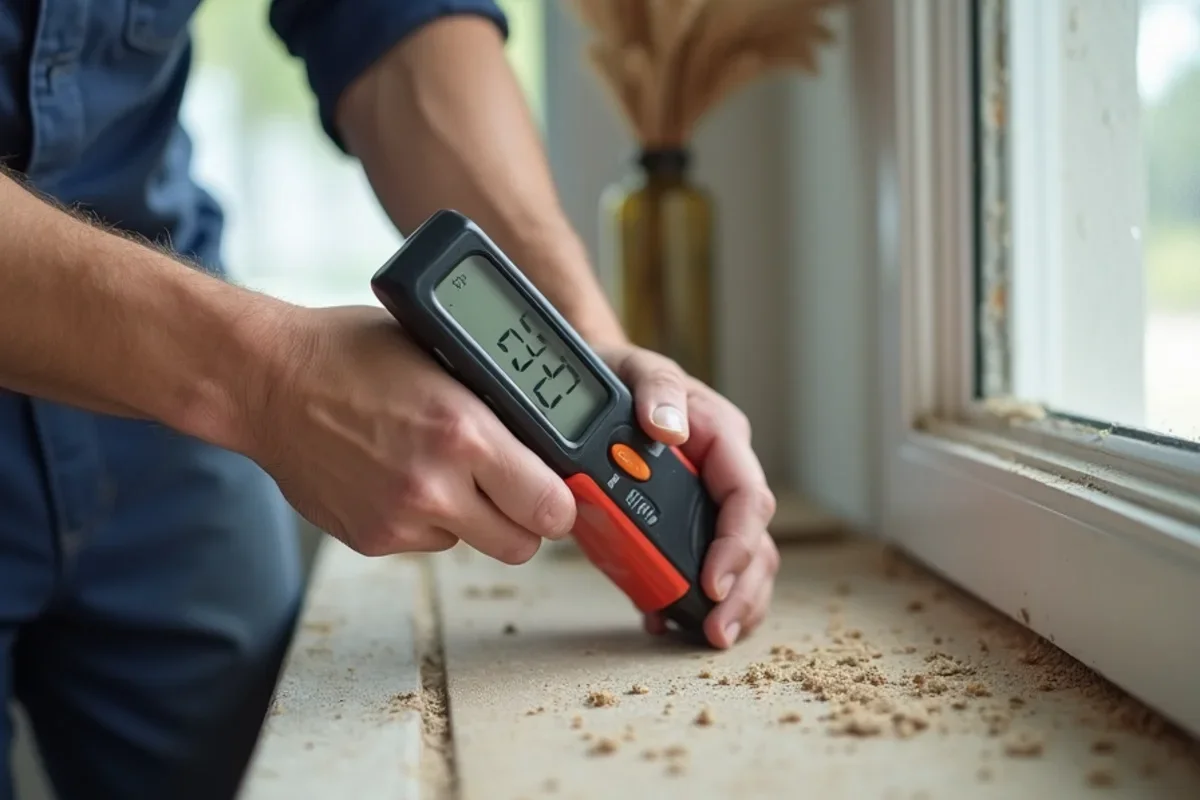 Digital moisture meter measuring baseboard moisture content for smoke damage cleanup prevention