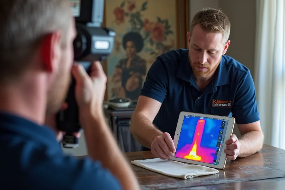 Thermal camera scan detecting hidden moisture and water spread during vacation rental water leak prevention