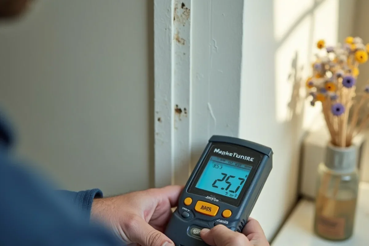 Digital moisture meter measuring baseboard moisture content for vacation rental water leak prevention prevention