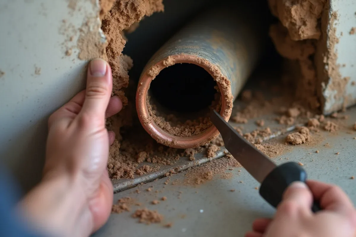 Corroded ruptured plumbing pipe fitting exposed inside wall cavity