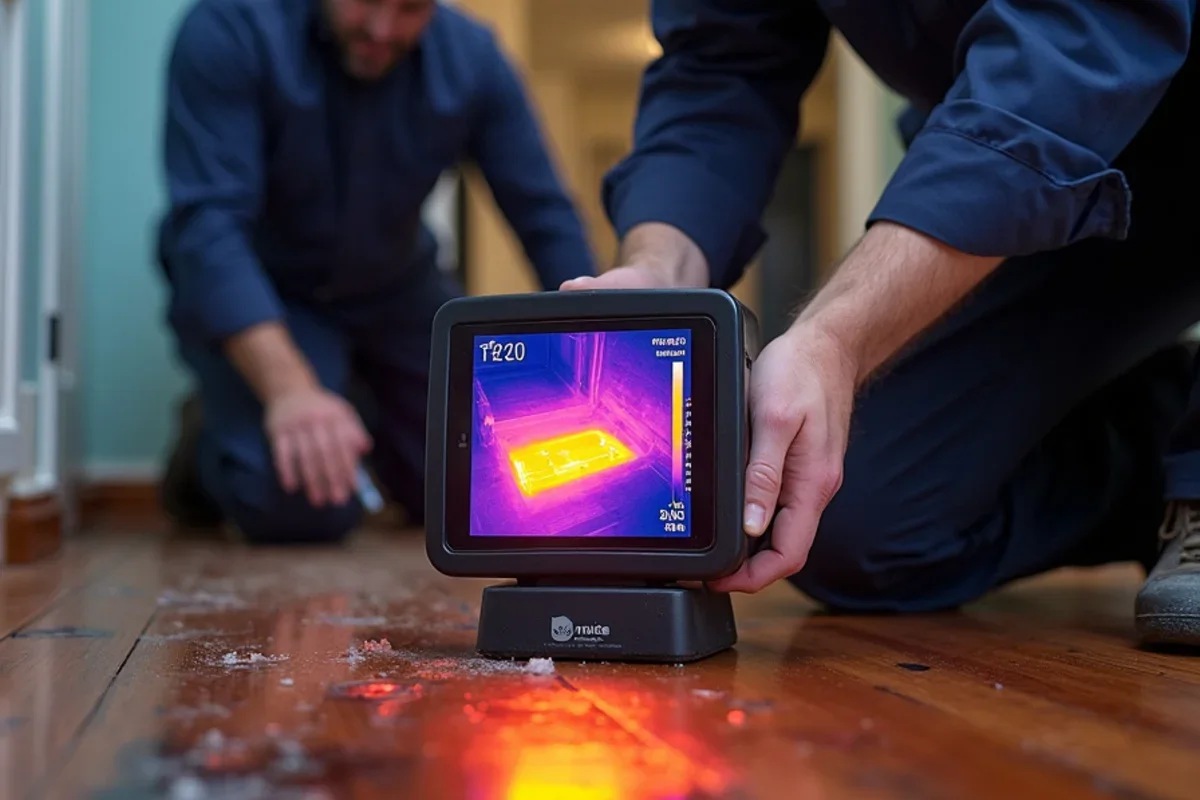 Thermal scanner highlighting cold water spreading beneath hardwood floors