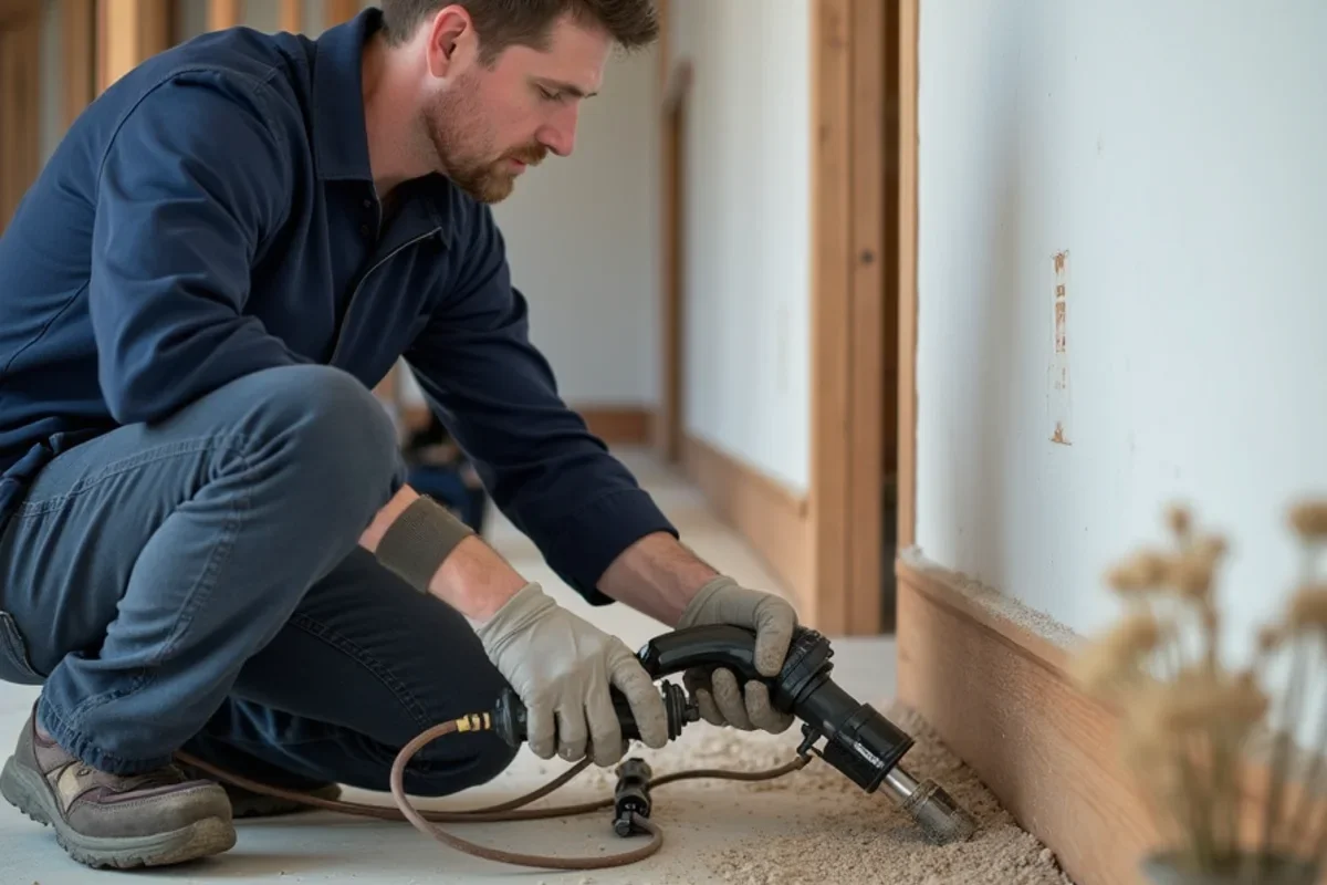 Injecting warm dehumidified air into wall studs behind removed baseboards