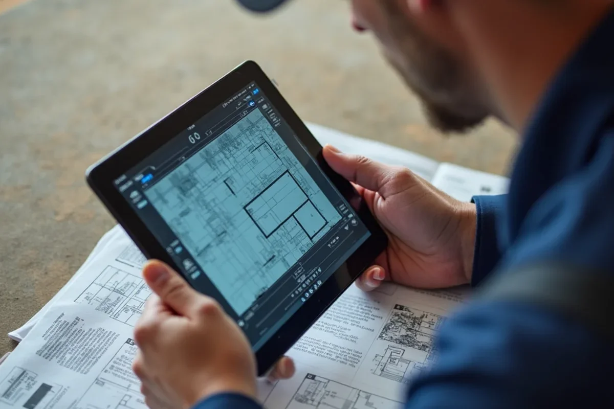 Commercial project manager recording floor plan moisture readings on tablet