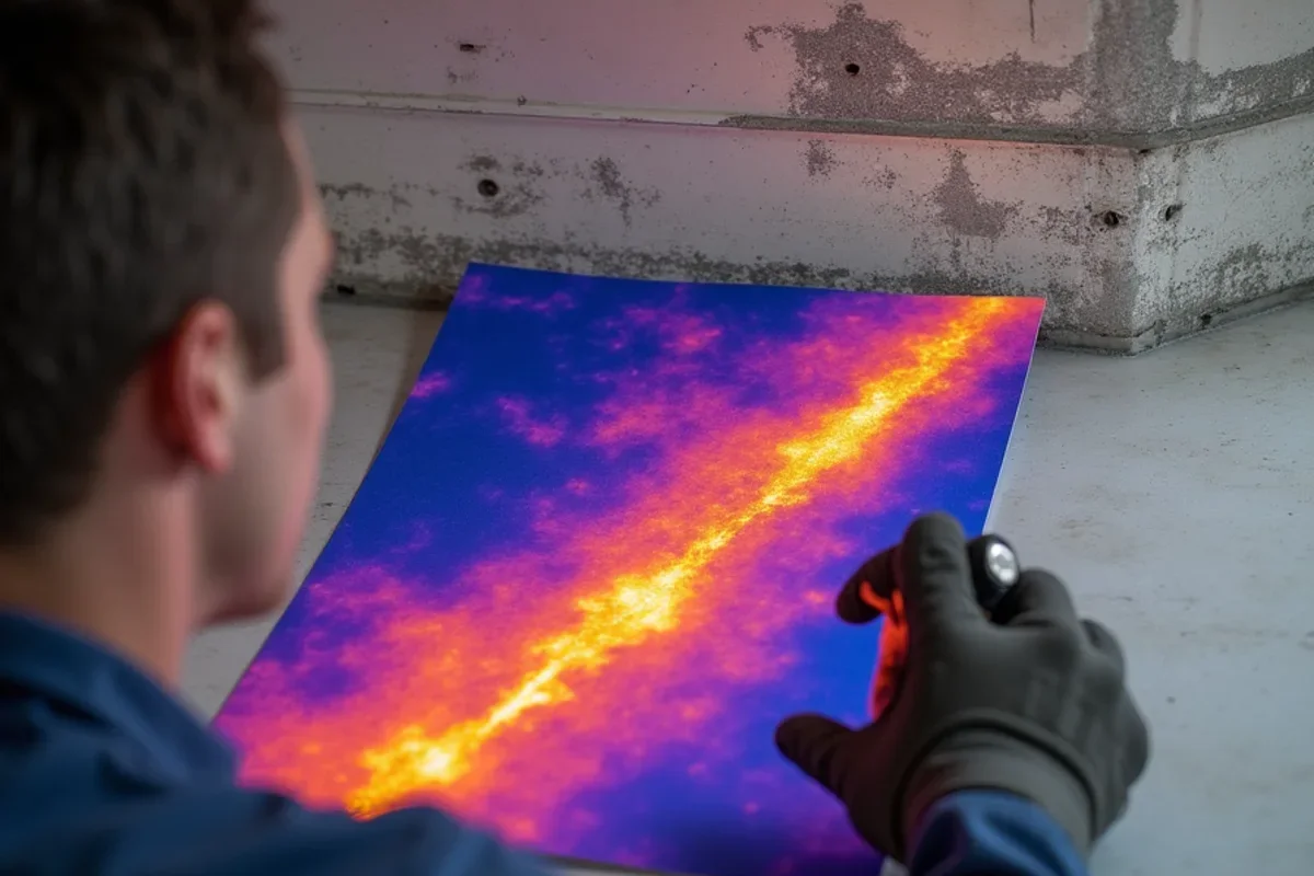 Thermal camera scan of moisture in poured concrete condominium slab ceiling