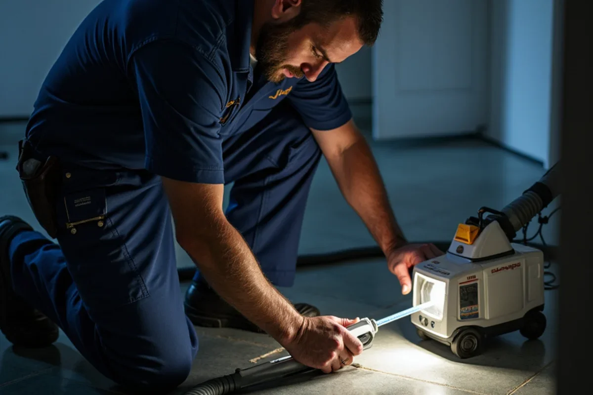 Technician operating extraction vacuum during late night emergency call