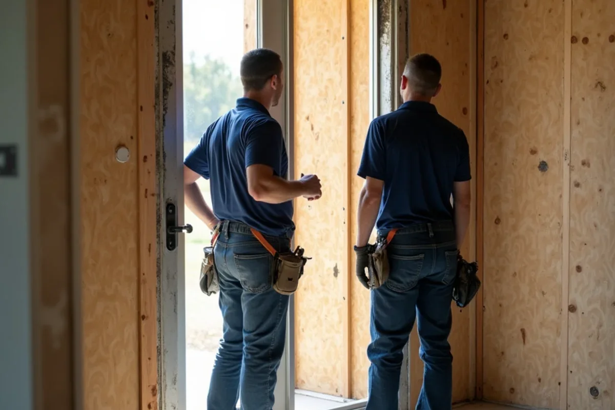 Emergency board-up securing broken windows and exterior doors after a fire