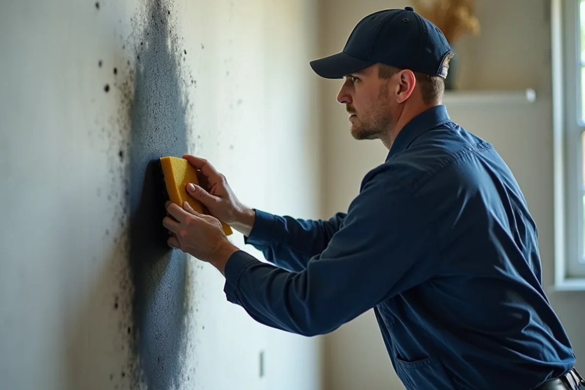 Specialist using dry chem sponge to clean black soot from painted wall