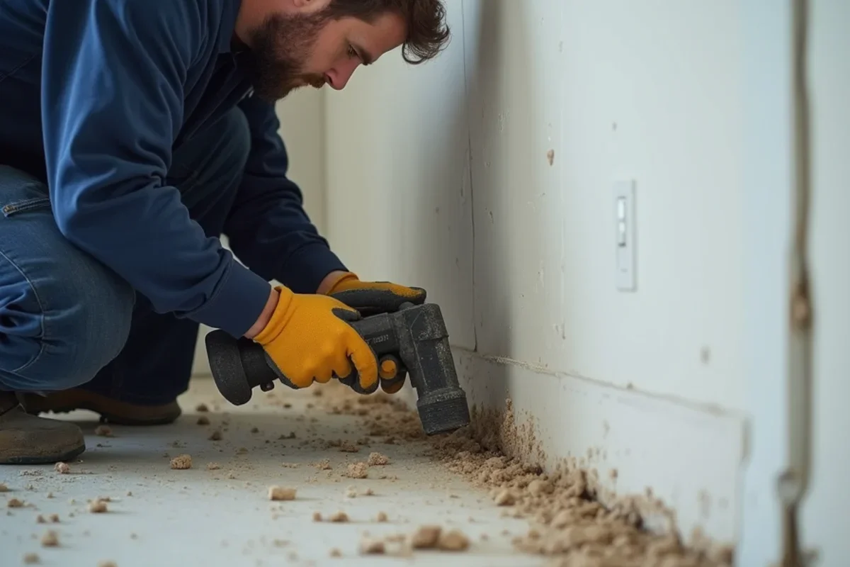 Technician cutting saturated drywall two feet above flood watermark line