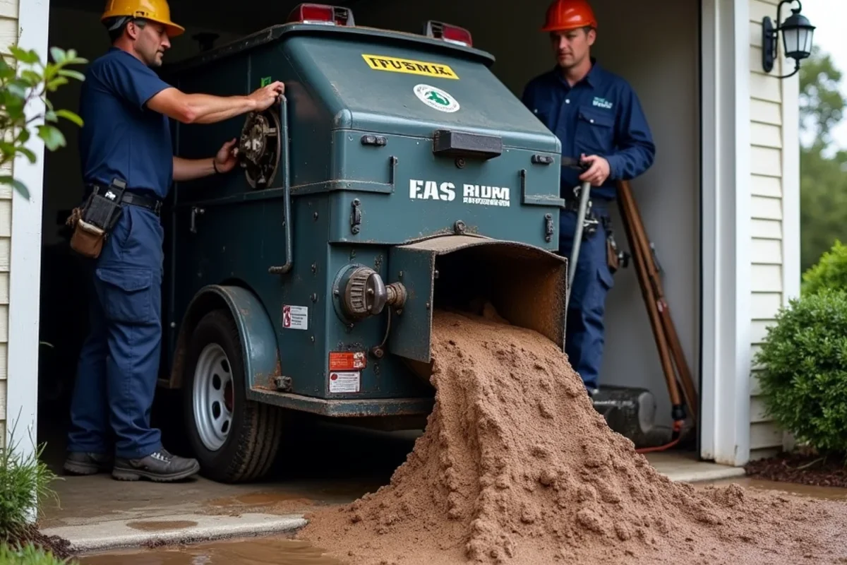Heavy duty trash pump discharging muddy floodwater from residential garage