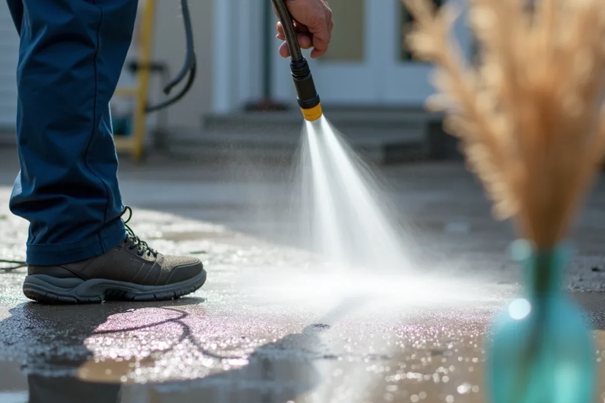 Pressure washing and sanitizing exposed concrete slab after flood muck out