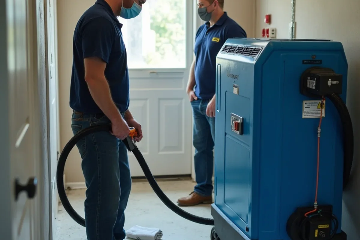 Commercial HEPA air scrubber establishing negative pressure in sealed room