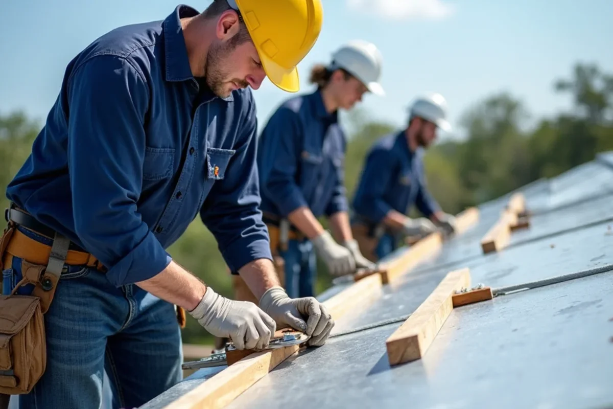 Securing heavy duty waterproof tarp with wooden battens along roof ridge
