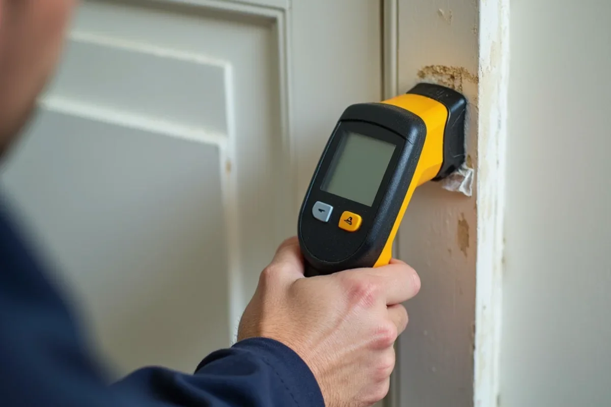Calibrated moisture meter measuring moisture levels in Alafaya drywall baseboard