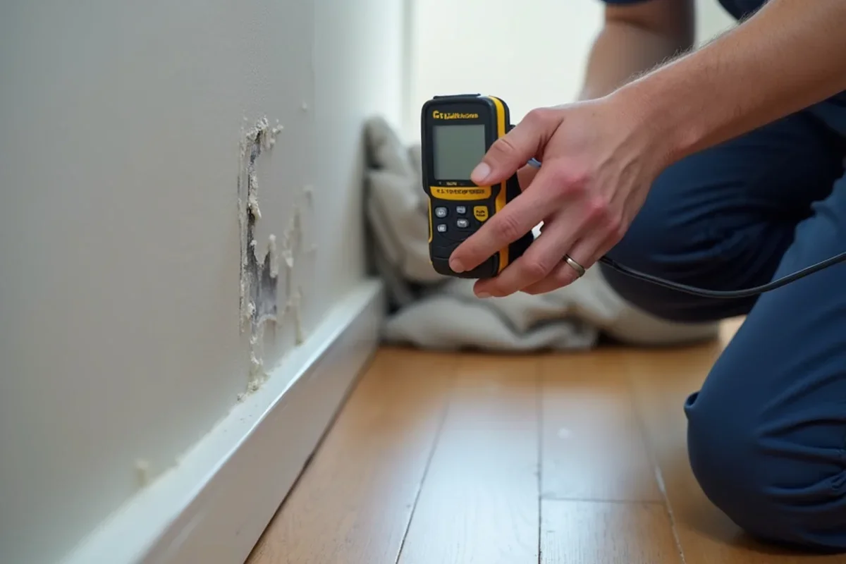 Calibrated moisture meter measuring moisture levels in Apopka drywall baseboard