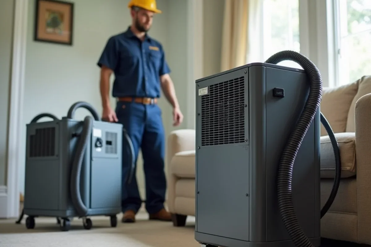 Industrial low grain refrigerant dehumidifiers operating inside Azalea Park living room