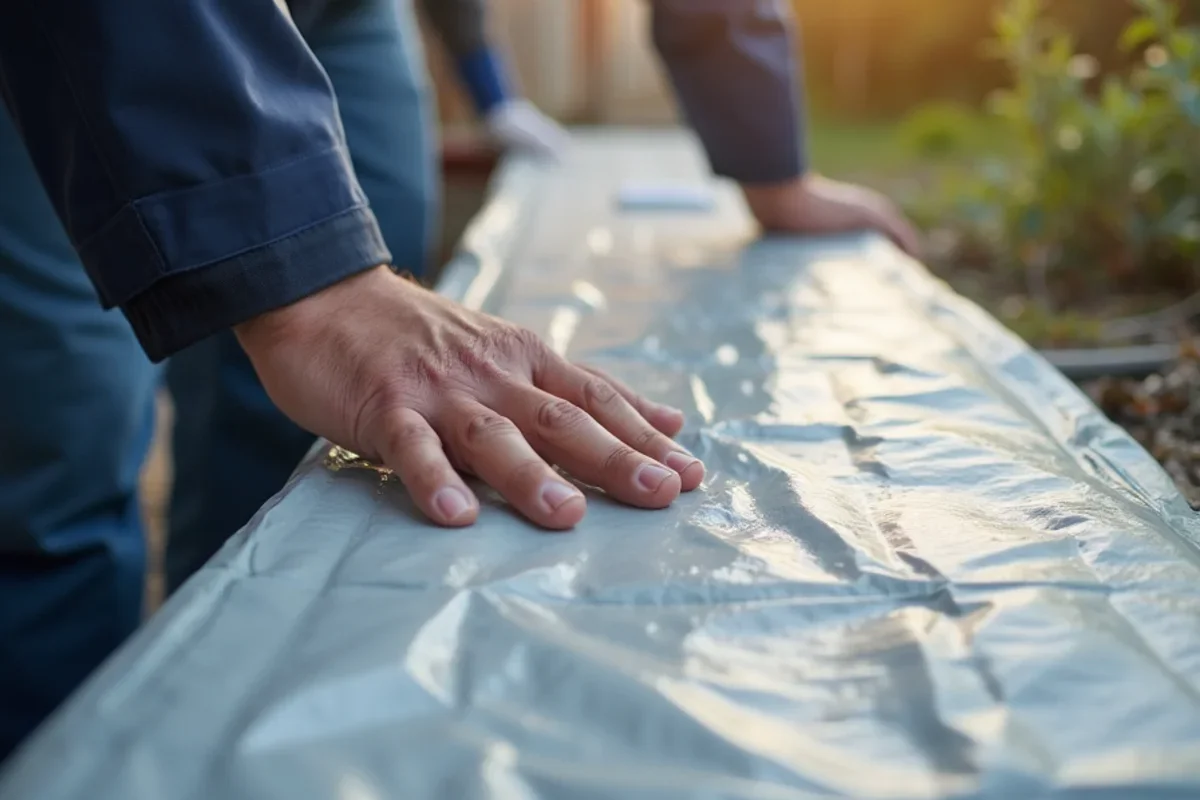 Polyethylene isolation containment barrier setup in Belle Isle residential home during drying