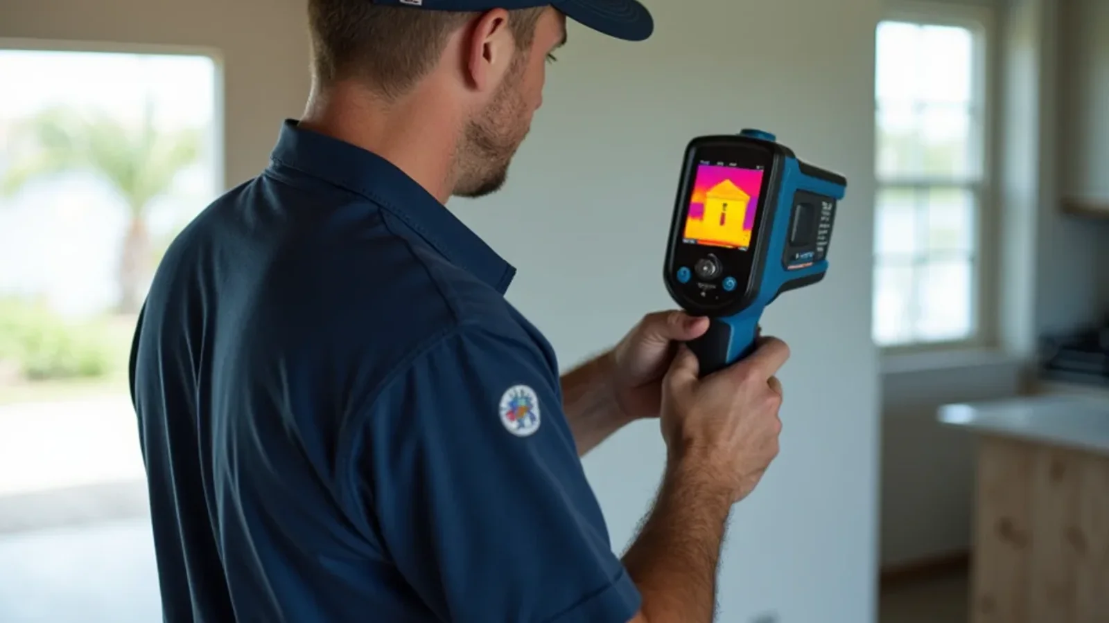 Emergency water damage restoration and structural drying technician working in a Belle Isle FL home