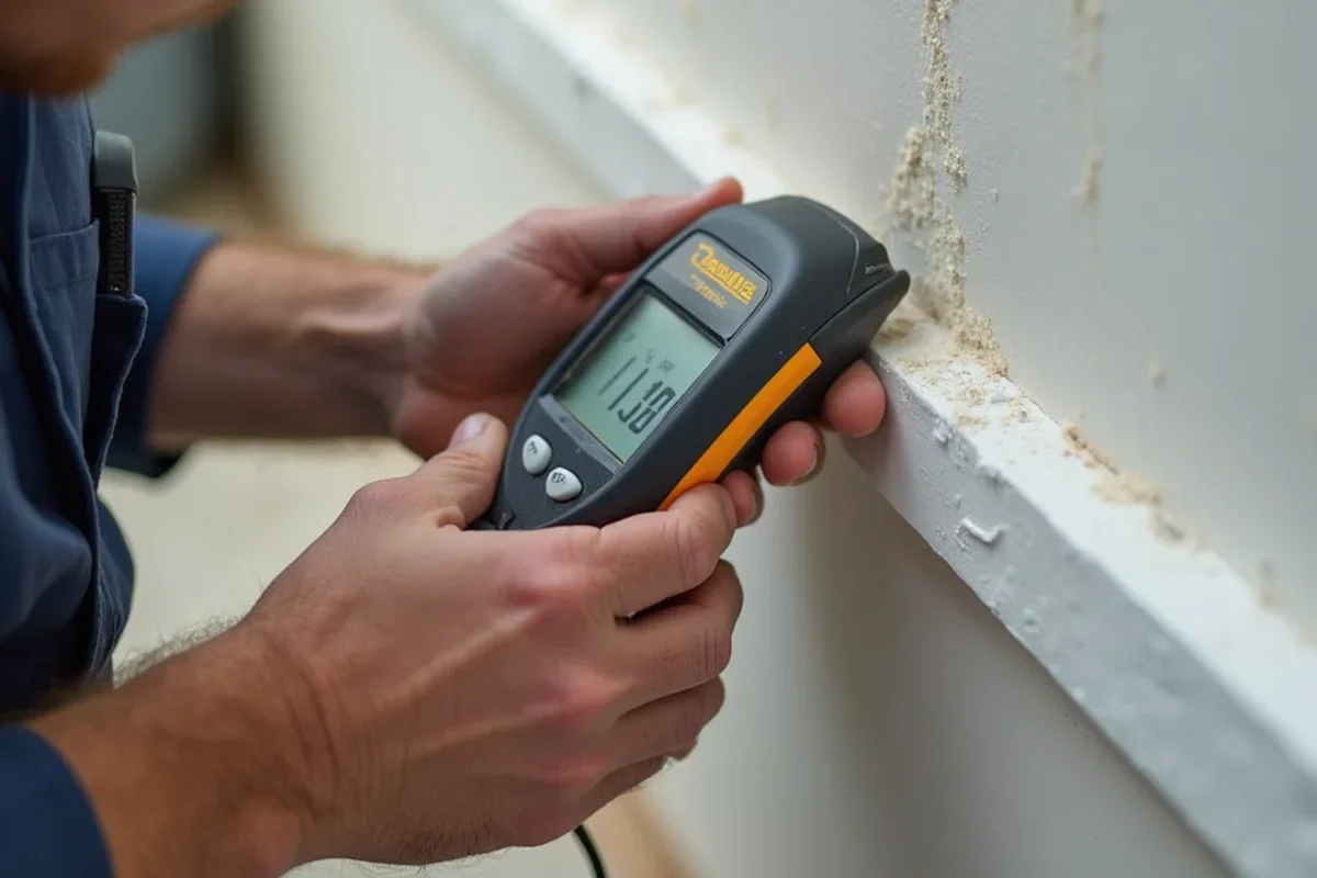 Calibrated moisture meter measuring moisture levels in Buenaventura Lakes drywall baseboard