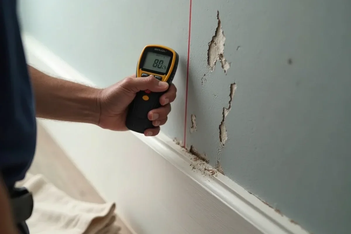 Calibrated moisture meter measuring moisture levels in Casselberry drywall baseboard