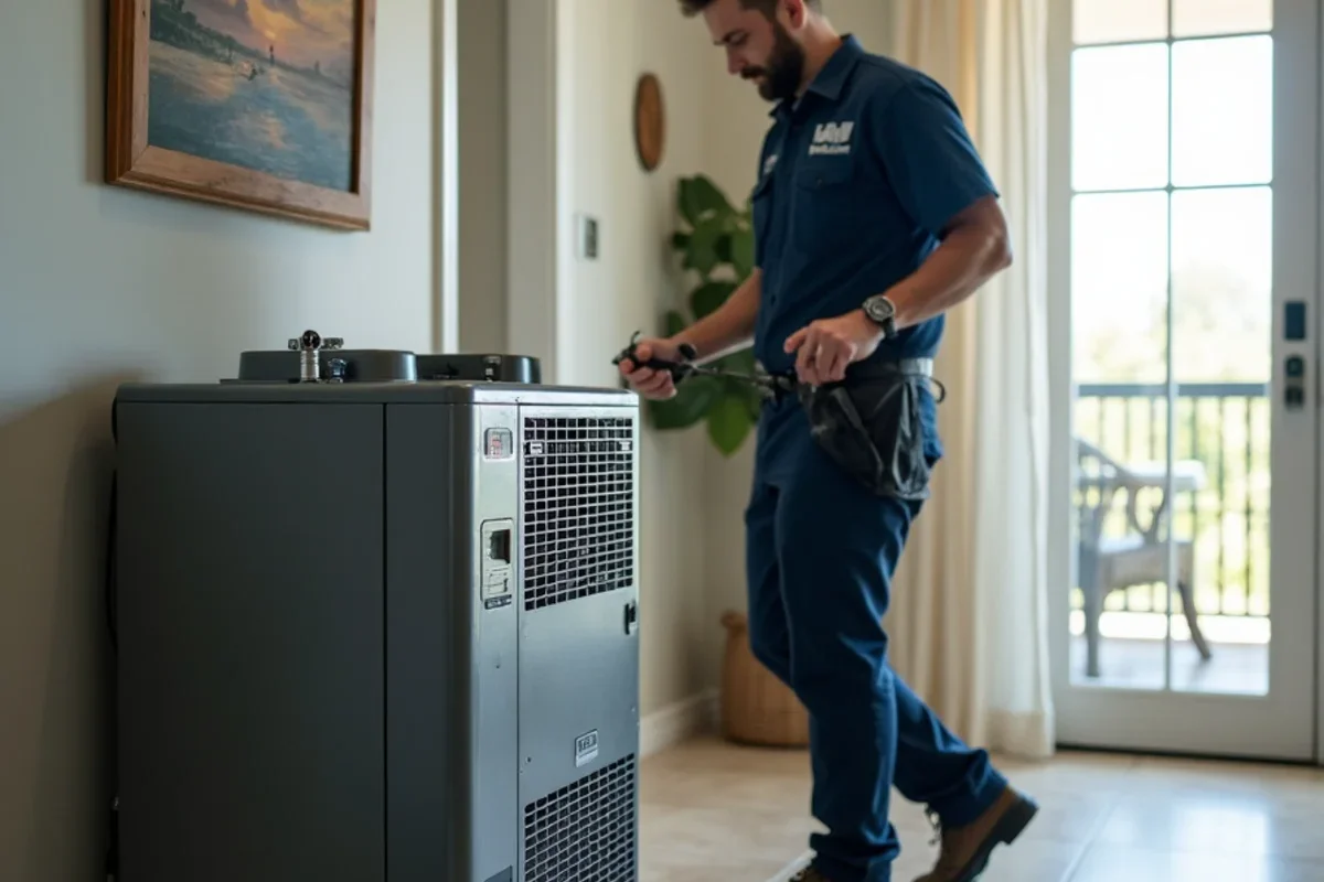Industrial low grain refrigerant dehumidifiers operating inside Conway living room