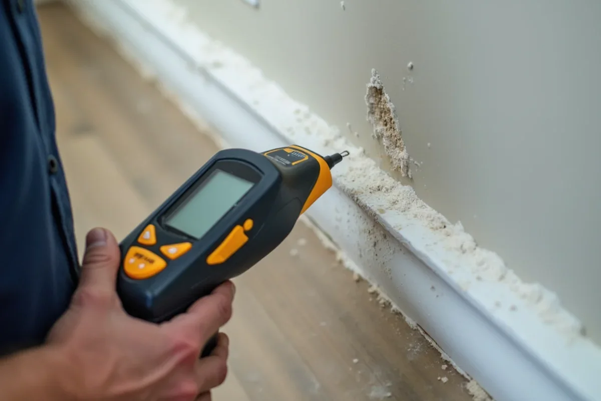 Calibrated moisture meter measuring moisture levels in Doctor Phillips drywall baseboard