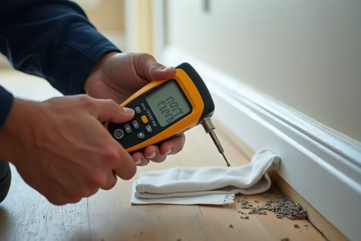 Calibrated moisture meter measuring moisture levels in Edgewood drywall baseboard
