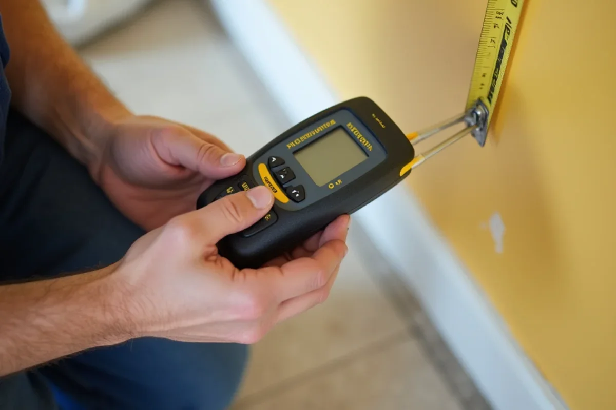 Calibrated moisture meter measuring moisture levels in Goldenrod drywall baseboard