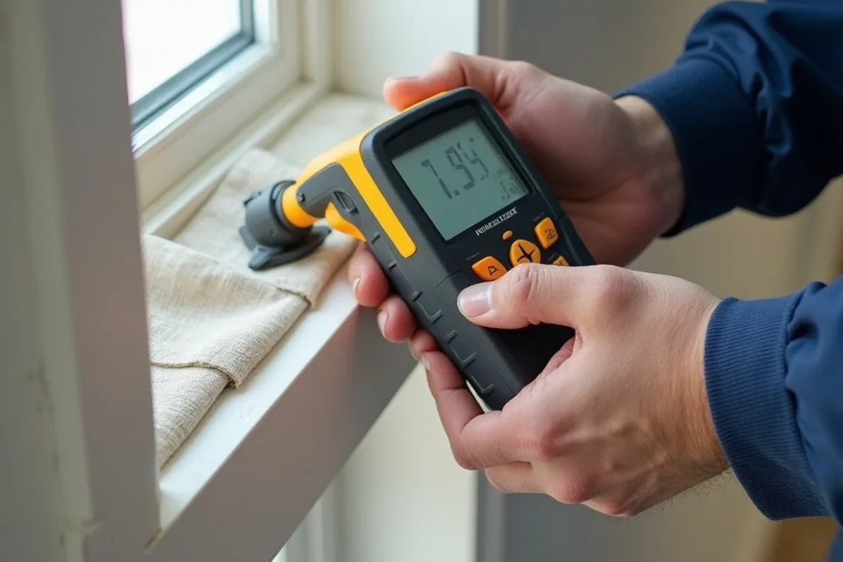 Calibrated moisture meter measuring moisture levels in Horizon West drywall baseboard