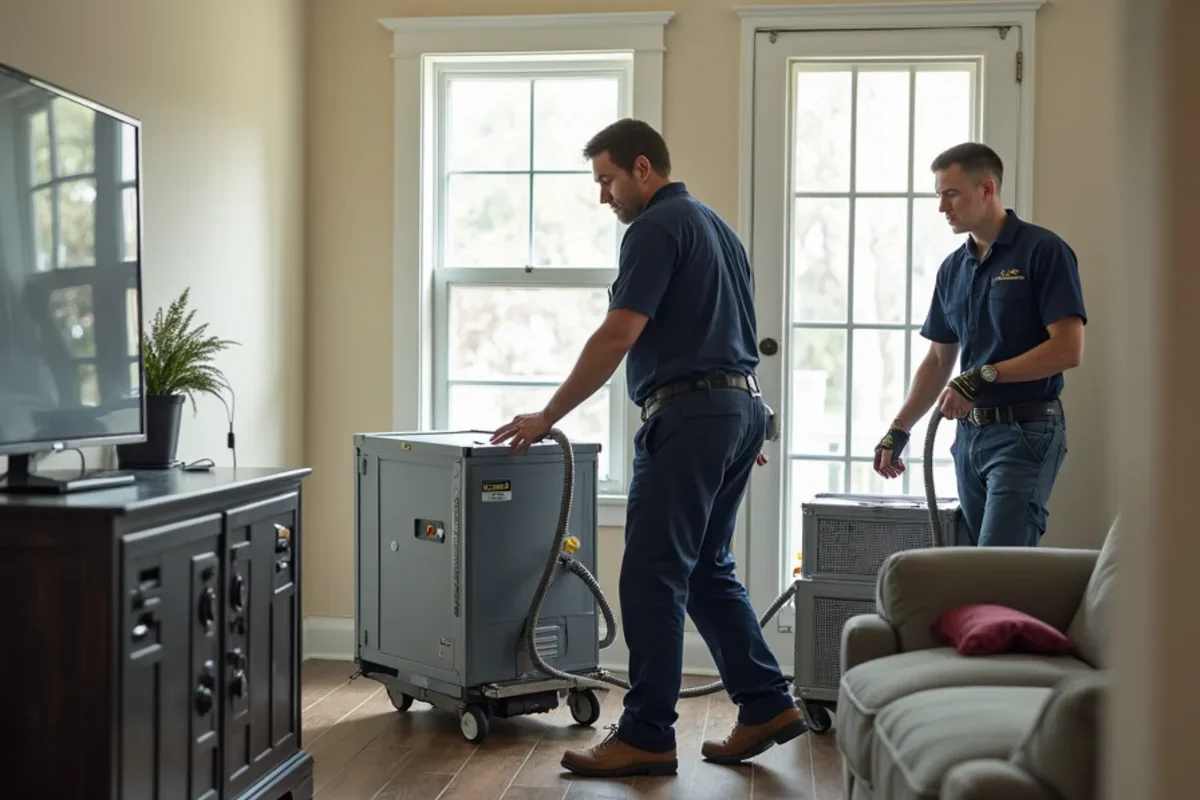 Industrial low grain refrigerant dehumidifiers operating inside Horizon West living room