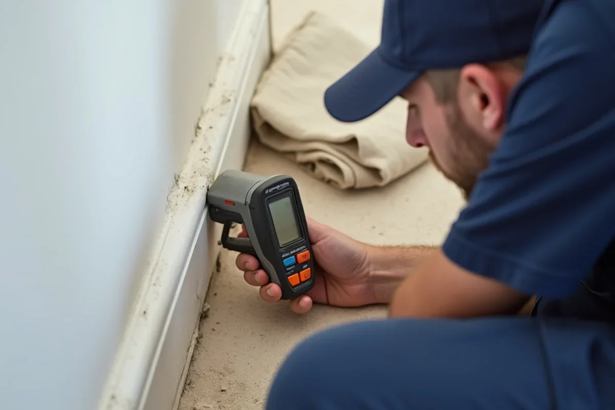 Calibrated moisture meter measuring moisture levels in Hunters Creek drywall baseboard