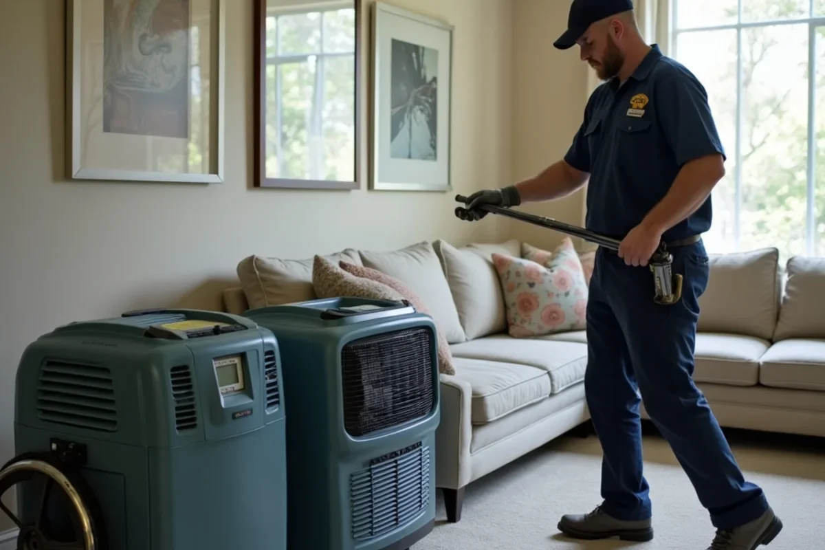 Industrial low grain refrigerant dehumidifiers operating inside Hunters Creek living room