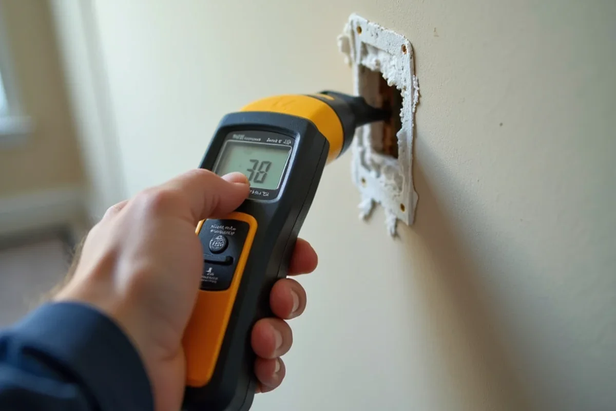 Calibrated moisture meter measuring moisture levels in Lake Mary drywall baseboard
