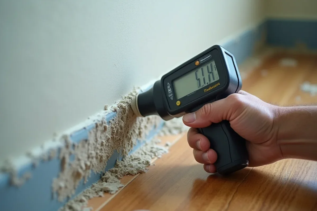 Calibrated moisture meter measuring moisture levels in Lockhart drywall baseboard